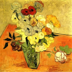 Hand-painted Japanese Vase with Roses and Anemones by Van Gogh – vibrant petals and textured brushstrokes.