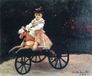 Hand-painted Jean Monet on a Mechanical Horse reproduction by Claude Monet – a boy on a toy with textured brushstrokes.