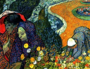 Hand-painted Ladies of Arles reproduction by Vincent Van Gogh – red parasol and textured brushstrokes.