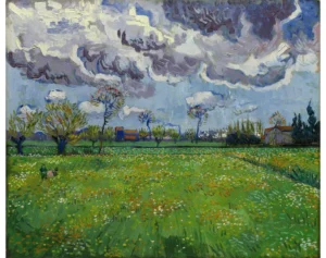 Hand-painted Landscape under a Stormy Sky reproduction by Vincent Van Gogh – dark clouds over green fields with textured brushstrokes.