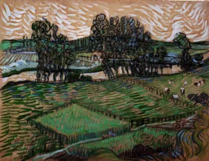 Hand-painted Landscape with Bridge across the Oise by Van Gogh – green fields and textured brushstrokes.