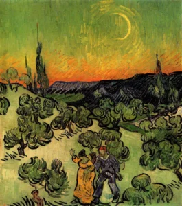 Hand-painted Landscape with Couple Walking reproduction by Van Gogh – textured brushstrokes and a glowing crescent moon.