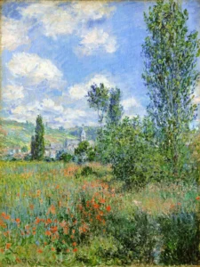 Hand-painted Lane in the Poppy Fields reproduction by Claude Monet – red flowers with textured brushstrokes.