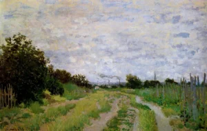 Hand-painted Lane in the Vineyards at Argenteuil by Monet – smokestacks on the horizon with textured brushstrokes.