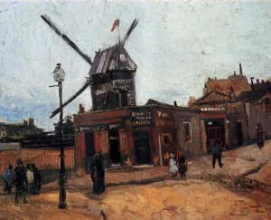 Hand-painted Le Moulin de la Galette reproduction by Vincent Van Gogh – vibrant textured brushstrokes of a rustic windmill.