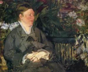 Hand-painted oil reproduction after Edouard Manet's Madame Manet in conservatory
