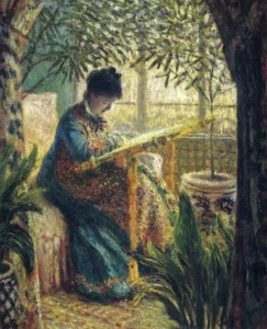 Hand-painted Madame Monet Embroidering reproduction by Claude Monet – delicate needlework and textured brushstrokes.