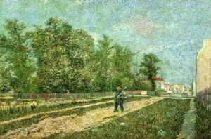 Hand-painted Man with Spade in a Suburb of Paris reproduction by Van Gogh – textured brushstrokes show a lone tree.