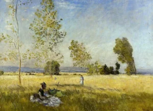 Hand-painted Meadow at Bezons reproduction by Claude Monet – lush green grass with textured brushstrokes.
