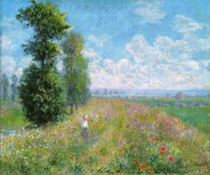 Hand-painted Meadow with Poplars reproduction by Claude Monet – vibrant green fields with textured brushstrokes.