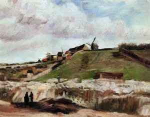 Hand-painted Montmartre reproduction by Vincent Van Gogh – distant windmills shown with textured brushstrokes.