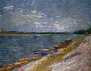 Hand-painted Moored Boats reproduction by Vincent Van Gogh – vibrant boats with textured brushstrokes on water.