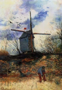 Hand-painted Moulin de la Galette reproduction by Vincent Van Gogh – a rustic windmill with textured brushstrokes.