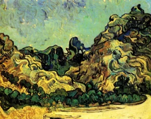 Hand-painted Mountains at Saint-Remy reproduction by Van Gogh – swirling clouds and textured brushstrokes