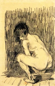 Hand-painted Nude Woman Squatting by Vincent Van Gogh – showing textured brushstrokes and soft light.
