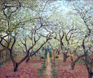 Hand-painted Orchard in Bloom reproduction by Claude Monet – flowering trees and textured brushstrokes – museum quality oil on linen