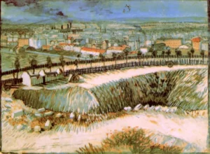 Hand-painted Outskirts of Paris reproduction by Van Gogh – smokestacks and textured brushstrokes – oil on linen