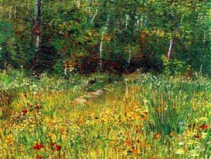 Hand-painted Park at Asnieres in Spring reproduction by Vincent Van Gogh – vibrant green trees with textured brushstrokes.