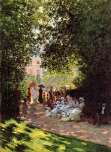 Hand-painted Park Monceau reproduction by Claude Monet – dappled sunlight and textured brushstrokes on a lush lawn.