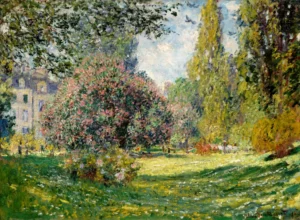 Hand-painted Park Monceau, Paris reproduction by Claude Monet – lush green trees and textured brushstrokes.