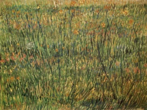 Hand-painted Pasture in Bloom reproduction by Vincent Van Gogh – flowering meadow with textured brushstrokes