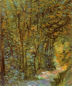 Hand-painted Path in the Woods reproduction by Vincent Van Gogh – sunlit trees with textured brushstrokes.