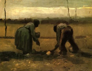 Peasant and Peasant Woman Planting Potatoes – Hardworking – Textured Canvas