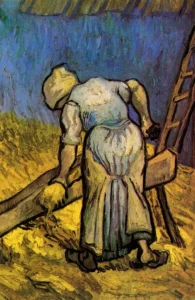 Peasant Woman Cutting Straw – Harvest – Textured Canvas hand-painted oil painting by DafenArts