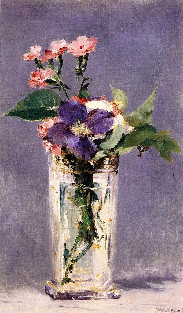 Pinks and Clematis in a Crystal Vase (1882) - Hand-Painted Oil Reproduction