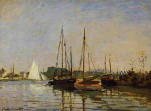Hand-painted Pleasure Boats, Argenteuil reproduction by Claude Monet – vibrant red boats with textured brushstrokes.