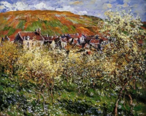 Hand-painted Plum Trees in Blossom at Vetheuil reproduction by Claude Monet – pink floral textured brushstrokes.