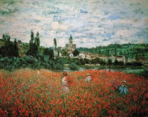 Hand-painted Poppy Field near Vetheuil reproduction by Claude Monet – red blooms and textured brushstrokes.