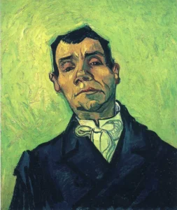 Hand-painted Portrait of a Man reproduction by Vincent Van Gogh – intense blue-green eyes and textured brushstrokes.
