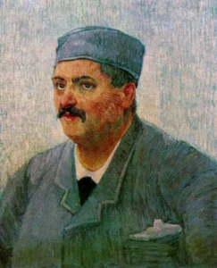Hand-painted Portrait of a Man with a Skull Cap reproduction by Van Gogh – textured brushstrokes of a dark blue cap.