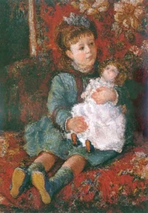 Hand-painted Portrait of Germaine Hoschede with a Doll by Monet – a girl with a toy and textured brushstrokes.