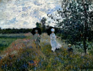Hand-painted Promenade near Argenteuil reproduction by Claude Monet – a sunny field with textured brushstrokes.