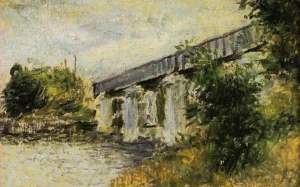 Hand-painted Railway Bridge at Argenteuil reproduction by Claude Monet – textured brushstrokes on a puffing steam train.
