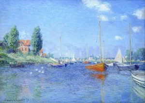 Hand-painted Red Boats, Argenteuil reproduction by Claude Monet – vibrant masts and textured brushstrokes on the water.