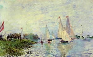 Hand-painted Regatta at Argenteuil reproduction by Claude Monet – red boats and textured brushstrokes.