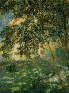 Hand-painted Relaxing in the Garden, Argenteuil reproduction by Claude Monet – sunny flowers with textured brushstrokes
