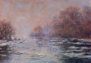 Hand-painted River Thawing near Vetheuil reproduction by Claude Monet – icy floes and textured brushstrokes.