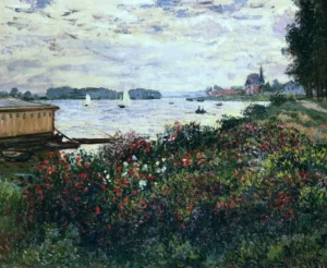 Hand-painted Riverbank at Argenteuil reproduction by Claude Monet – serene water with textured brushstrokes.
