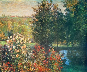 Hand-painted Roses in the Hoshede's Garden reproduction by Monet – red bushes and textured brushstrokes.