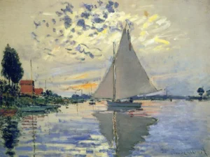 Hand-painted Sailboat at Le Petit-Gennevilliers reproduction by Claude Monet – textured brushstrokes and soft river ripples.