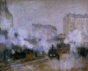 Hand-painted Saint-Lazare Station reproduction by Monet – billowing blue steam and textured brushstrokes on linen