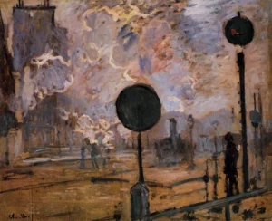 Hand-painted Saint-Lazare Station, Exterior reproduction by Claude Monet – billows of steam with textured brushstrokes