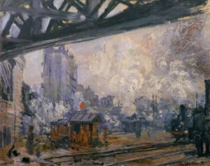 Hand-painted Saint-Lazare Station reproduction by Monet – smoky steam and textured brushstrokes – museum quality oil on linen