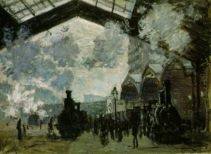 Hand-painted Saint-Lazare Station reproduction by Claude Monet – hazy steam and textured brushstrokes.