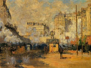 Hand-painted Saint-Lazare Station reproduction by Claude Monet – golden haze and textured brushstrokes.