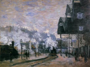 Hand-painted Saint-Lazare Station reproduction by Monet – billowing steam and textured brushstrokes – oil on linen